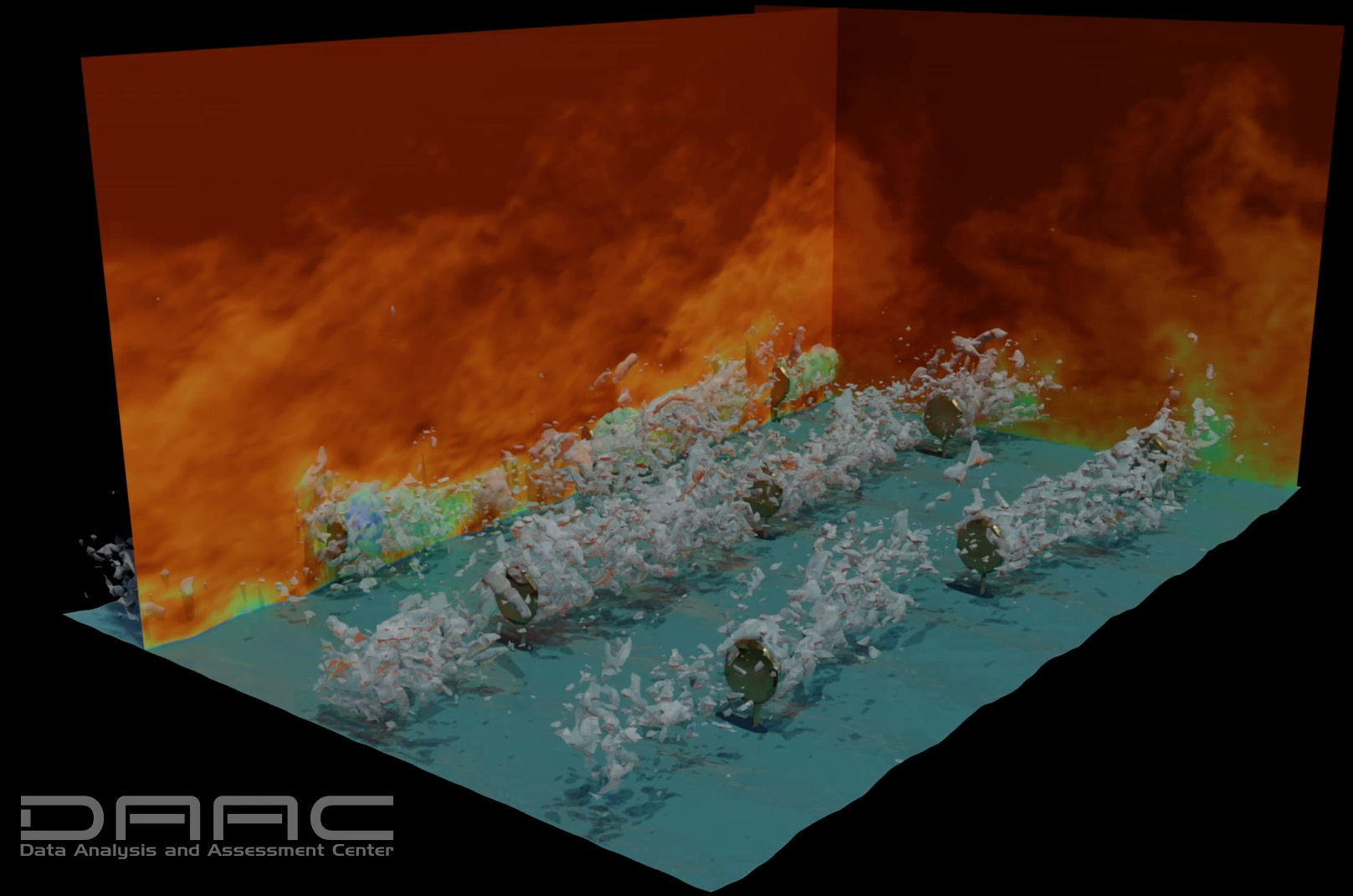 Large-eddy simulation result of wind turbulence field in a floating offshore wind farm.  In the simulation, the wind turbines are modeled using the actuator disk model.